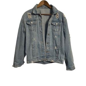 Distressed Light Blue Denim Jean Jacket Button Up Grunge Size Large
